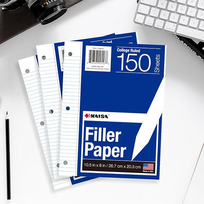 Kaisa Notebook Paper Bulk Wholesale Available 3 Pack Notebook Paper College Ruled 3-Hole Punched Loose Leaf Paper 8x10.5 Filler Paper for 3-Ring Binder, 150 Sheets/Pack (3 Pack-college)