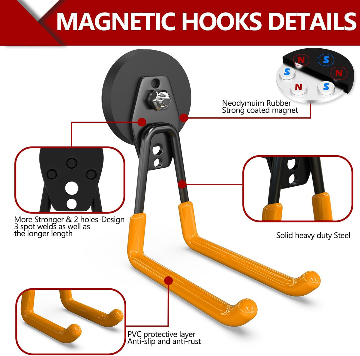 3-H Heavy Duty Magnet Garage Hooks 2 Pack, Extra Large Strong Magnetic Hooks for Hanging Cordless Power Drill, Utility Magnetic Tool Holder for Metal Cabinet, Steel Pegboard, Toolbox, Garage(Orange)