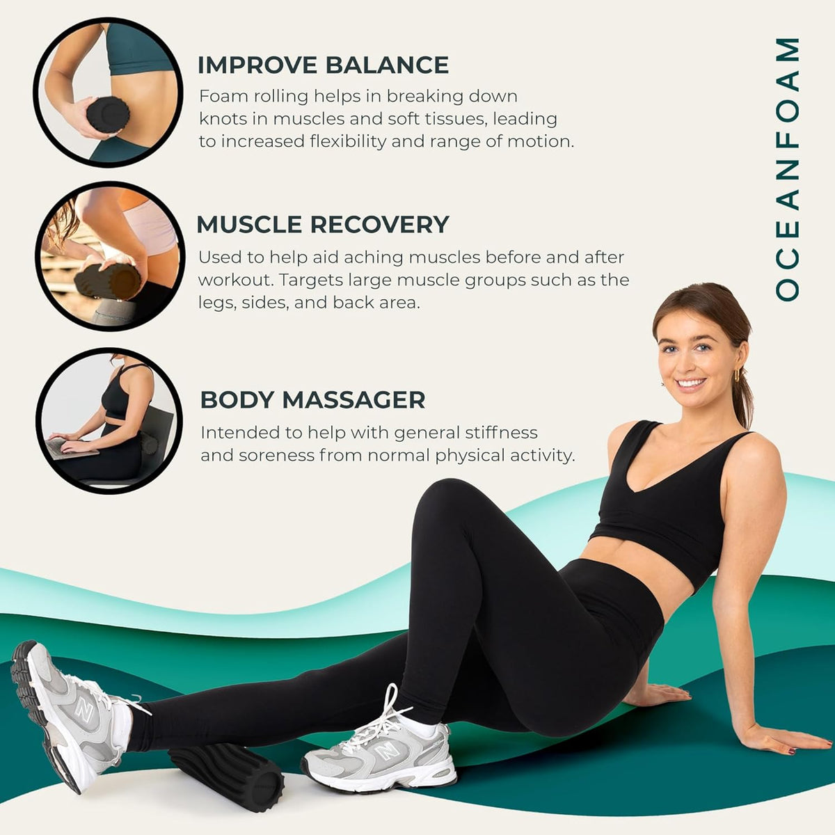 Oceanfoam Ripple Travel Foam Roller (11" x 3.35") Firm Mini Foam Roller for Physical Therapy, Deep Tissue Massage, Back Pain - High Density, Ergonomic Wave Textured, Yoga, Pilates, Exercise (Charcoal)