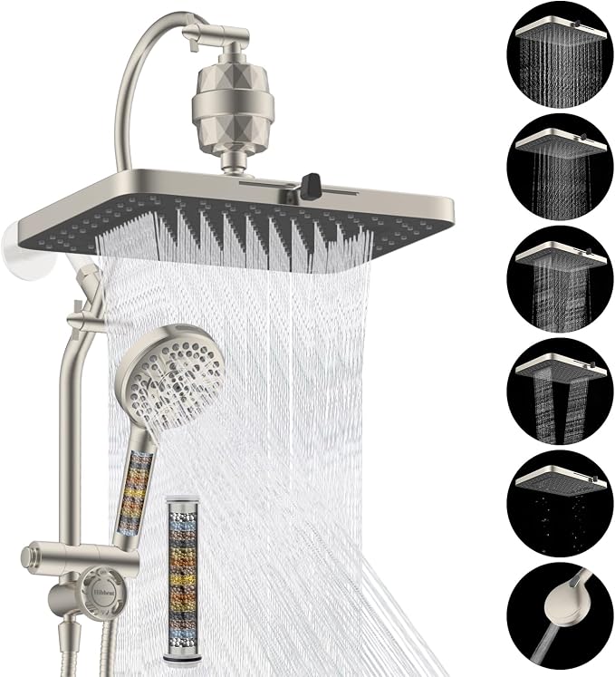 Hibbent 5-spray Dual Filtered Rainfall Shower Head Combo, High Pressure 13'' Showerhead with 10 Spray Mode Handheld, Easy Reach 4-way Diverter Arm with Pause Mode, 71'' Hose & Holder, Brushed Nickel