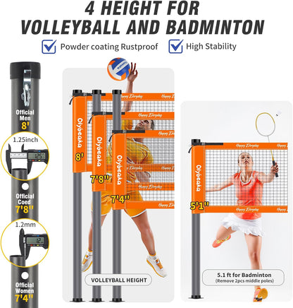 Badminton & Volleyball Combo Set 32 ft with Net, Anti-Sagging Design, 4 Badminton Rackets, 3 Birdies and PU Volleyball for Backyard Lawn Beach