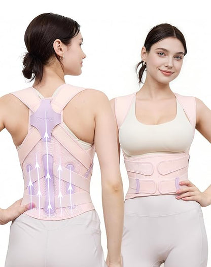 Posture Corrector for Women and Men, Full Back Support Brace, Adjustable Shoulder Straightener, Improving Posture, Relief Upper and Lower Back, Neck Pain, Pink, Small