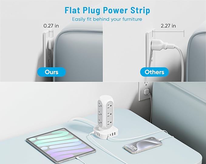 Flat Plug Power Strip Tower, 40W Total Fast Charging Station, Dual PD 20W USB-C Surge Protector with 12 AC Outlets and 8 USB Ports (4 USB C), 15FT Extension Cord for Home Office Dorm Room