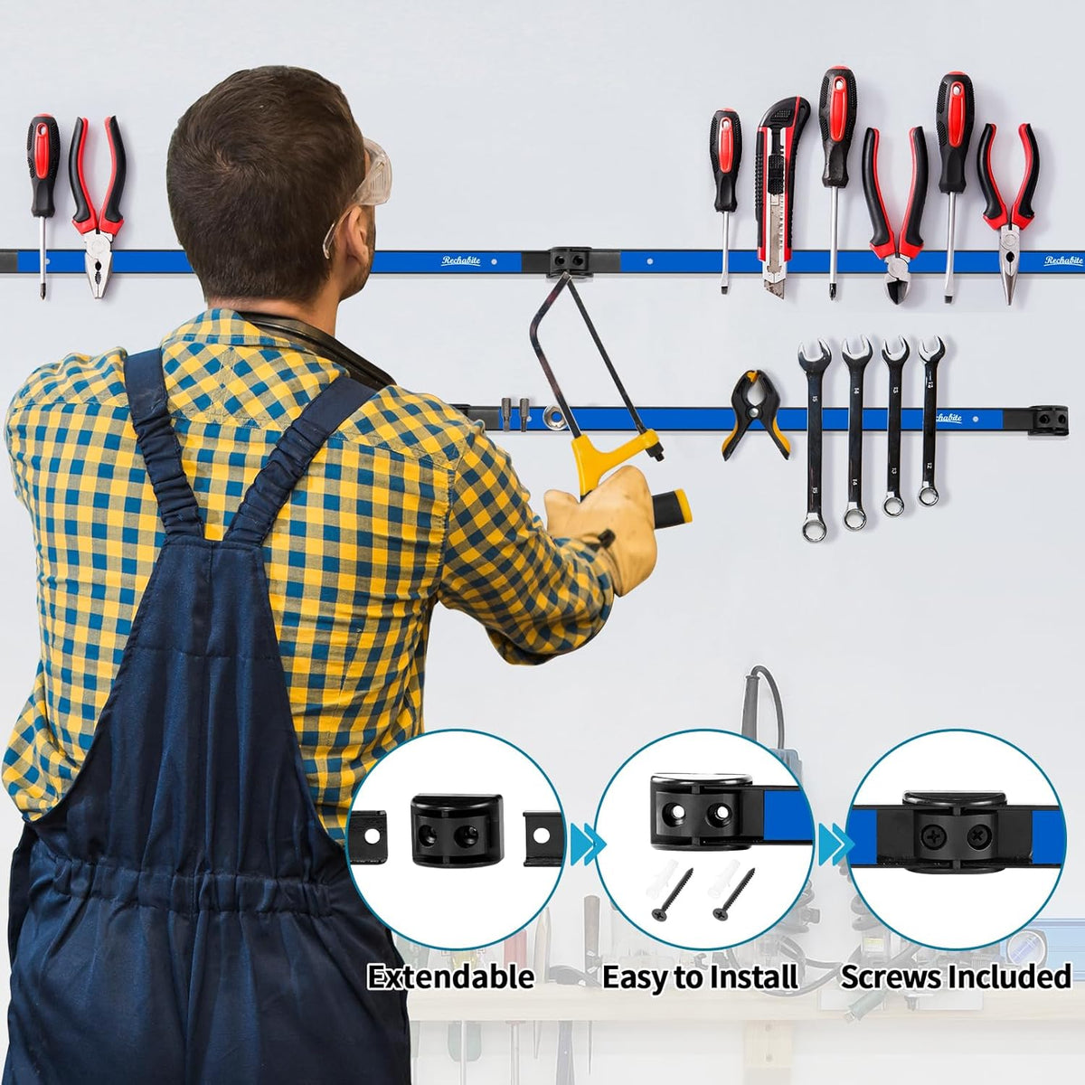 4 Pieces 18" Magnetic Tool Holder Strip, Blue Magnet Bar, Metal Tool Organizer Rack for Garage Organization, Easy To Install in Workshop, Mounting Screws Included