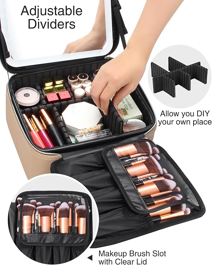 Relavel Makeup Bag with Light Up Mirror, Makeup Case Travel Cosmetic Bags Brush Organizer Storage Box, Rechargeable Vanity Mirror with 3 Color Lights, High Frame Mirror Protection (Brown)