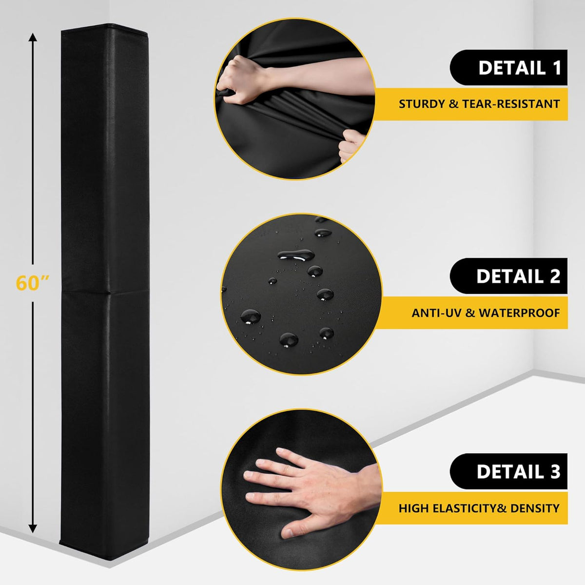 Wall Corner Guards & Edge Protector, Heavy Duty Wall Corner Protective Safety Padding, All-Weather 2 Sides Corner Pad for Gyms, Basketball Court, Playrooms, Garages,etc. (Black, 5FT Tall 6in Sides)