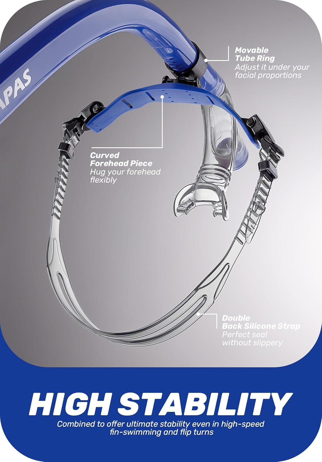 CAPAS Training Swim Snorkel for Lap Swimming, Swivel Headband Ultimate Fit Center-Mount Swimmers Snorkel with Liquid Silicone Mouthpiece Adjustable Strap, Designed for Adult Men Women