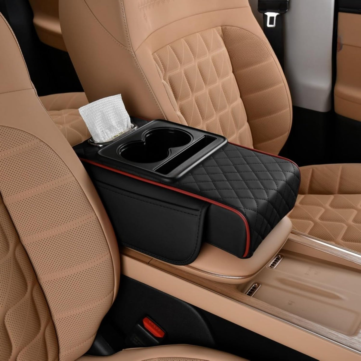 Car Center Console Cover Booster Multifunctional Car Center Console Cushion Pad with Cup Holder & Tissue Box & Side Pockets Arm Rest Cover for Car, Quilting, Black-red