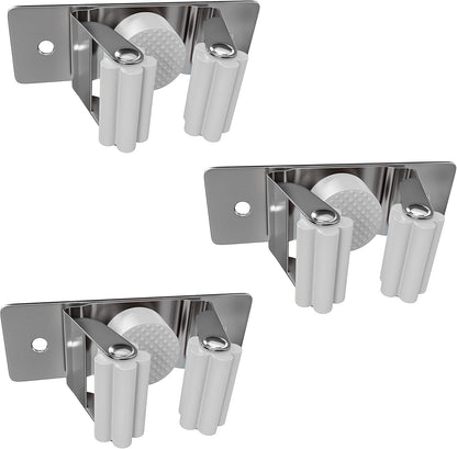 Self Adhesive Broom and Mop Holder Wall Mounted – SUS304 Stainless Steel 2-Slot Organizer with Anti-Slip Rubber Grips, 25lb Load, Adjustable for 0.6–1.4" Handles, Garage Kitchen Bathroom Use, 3 Pack