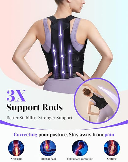 Posture Corrector for Women and Men, Full Back Support Brace, Adjustable Shoulder Straightener, Improving Posture, Relief Upper and Lower Back, Neck Pain, Full Black, Medium