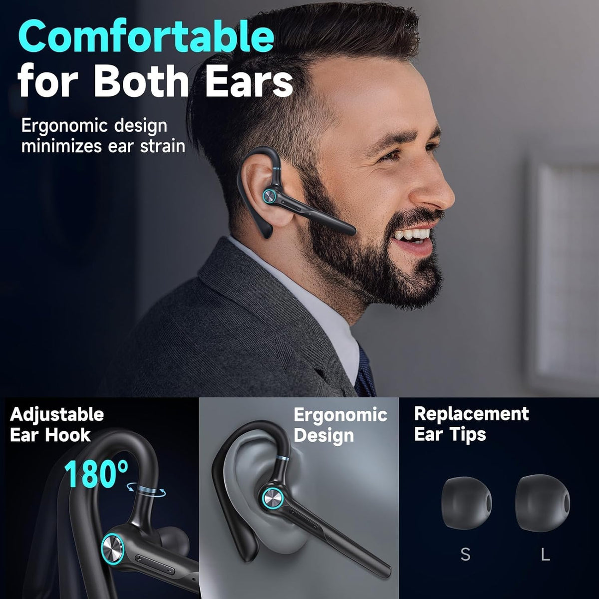 Bluetooth Headset Wireless Earpiece 60Hrs Playback Built-in Dual Mic Noise Canceling Wireless Headset Earphone with 400mAh LED Charging Case for Business Office Trucker (Black)