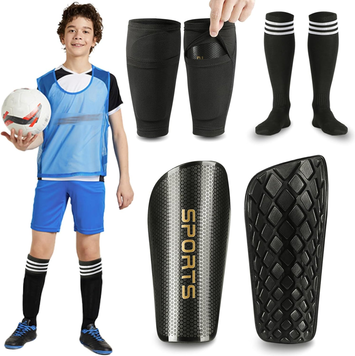 Soccer Shin Guards for Kids Adults, Toddler Shin Pads Set with Sleeves and Long Soccer Socks for Age 2-16 Boys & Girls, Youth &Men, Lightweight Soccer Equipment