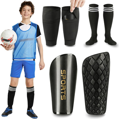 Soccer Shin Guards for Kids Adults, Toddler Shin Pads Set with Sleeves and Long Soccer Socks for Age 2-16 Boys & Girls, Youth &Men, Lightweight Soccer Equipment