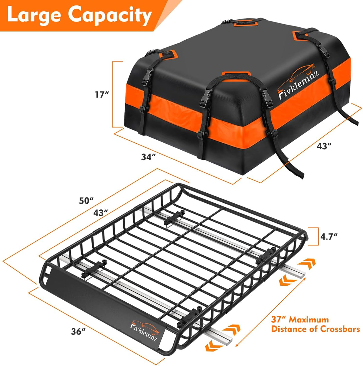 FIVKLEMNZ Car Rooftop Cargo Carrier Roof Bag Waterproof for All Top of Vehicle with/Without Rack Includes Topper Anti-Slip Mat + Reinforced Straps + 6 Door Hooks + Luggage Lock