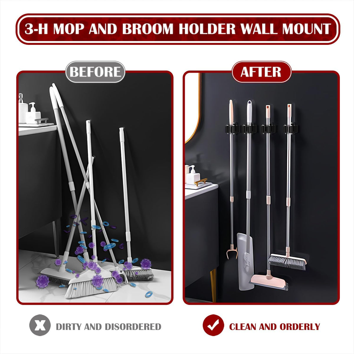 3-H Broom Holder Wall Mount 8 Pack, Mop and Broom Holder for Garage Garden Shed Storage System Laundry Room Home Kitchen Organization (Black)