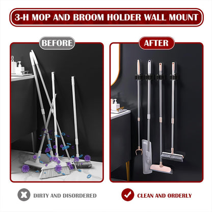 3-H Broom Holder Wall Mount 8 Pack, Mop and Broom Holder for Garage Garden Shed Storage System Laundry Room Home Kitchen Organization (Black)