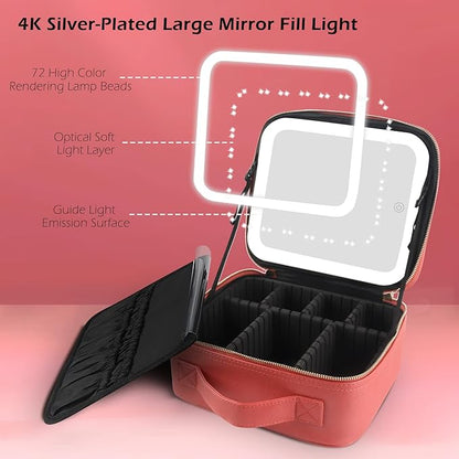 MOMIRA Travel Cosmetic Train Case with Lighted Mirror 3 Color Scenarios Cosmetic Bag Organizer with Adjustable Dividers Makeup Storage for Women, Makeup Accessories & Tools Case Red