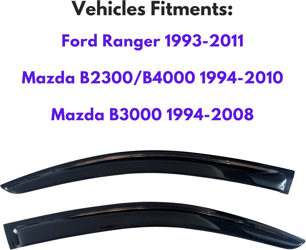 KPY Window Visor Compatible with Ford Ranger 1993-2011 & Mazda B2300/B4000 1994-2010 & Mazda B3000 1994-2008, Rain Guard Side Window Vent Deflectors Tape-On Style, 2002 2003 2004 2005 2006 2007 2009