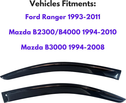 KPY Window Visor Compatible with Ford Ranger 1993-2011 & Mazda B2300/B4000 1994-2010 & Mazda B3000 1994-2008, Rain Guard Side Window Vent Deflectors Tape-On Style, 2002 2003 2004 2005 2006 2007 2009