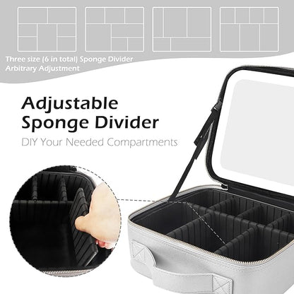 MOMIRA Makeup Bag with Mirror and Light Travel Makeup Train Case Cosmetic Bag Organizer Portable Artist Storage Bag with Adjustable Dividers Makeup Brushes Storage Organizer Silver