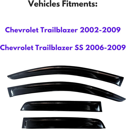 KPY Window Visor Compatible with Chevrolet Chevy Trailblazer 2002-2009 & Trailblazer SS 2006-2009, 4PC Rain Guard Side Window Vent Deflectors Tape-On Style, 2002 2003 2004 2005 2006 2007 2008 2009