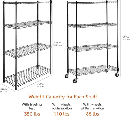 Amazon Basics 4-Shelf Heavy Duty Garage Shelving Storage Unit on 3" Wheel Casters, Adjustable Metal Wire Rack with Leveling Feet, 36" x 14" x 57.75", Black