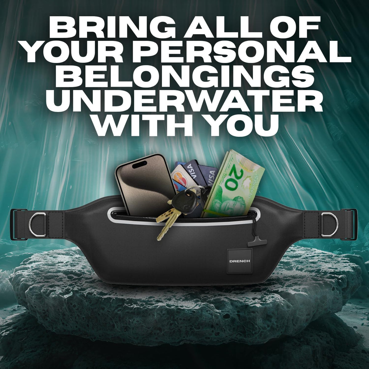 DRENCH 100% Underwater Waterproof Fanny Pack. Waist Pack. Submersible Waterproof Phone Pouch. Dry Bag for Swimming & Snorkelling. Underwater Phone case. (black with 2 rings)