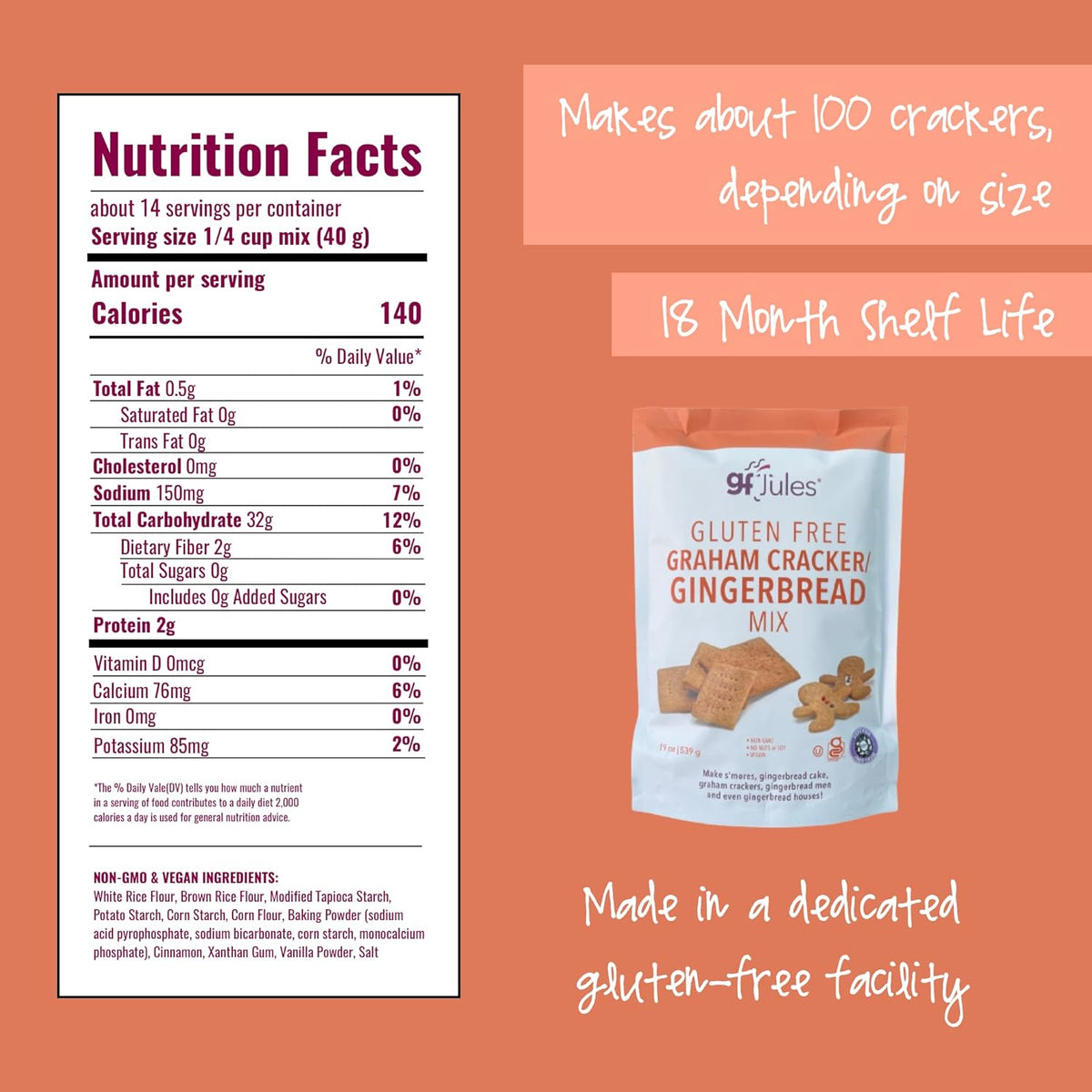 gfJules Certified Gluten Free Graham Cracker and Gingerbread Baking Mix | No Grit, Non-GMO, Vegan | Certified Top 9 Allergen-Free & Kosher | Perfect Long-Lasting Snacks | 19 Ounces