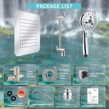 8'' Dual 20 Stage Filtered Shower Head with Handheld, 6 Spray Settings Handheld Shower Head High Pressure Rainfall Filter Combo with 12'' Adjustable Extension Arm, 71'' Shower Hose (Chrome Polished)