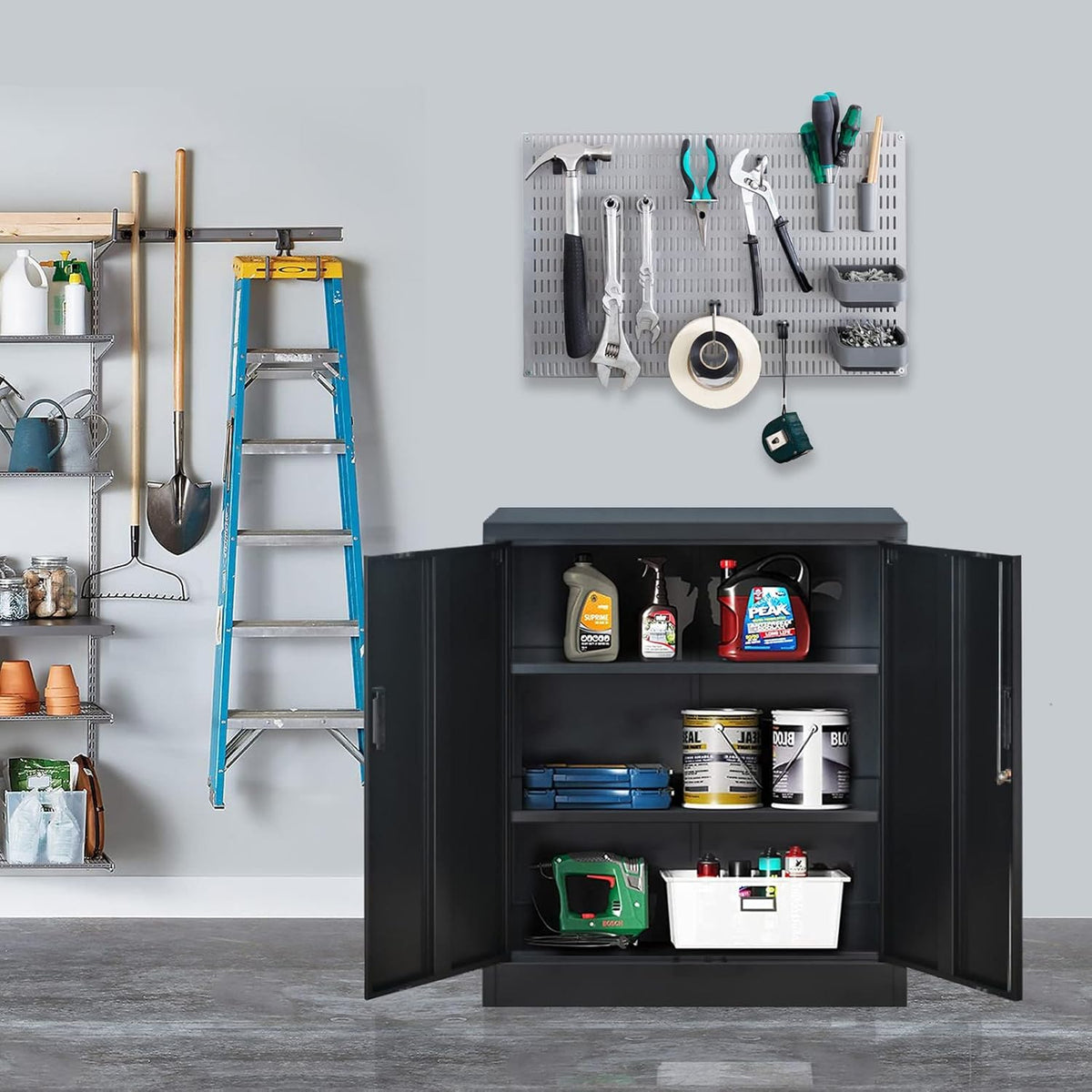 Metal Storage Cabinet, 36.2" H Locking Storage Cabinet with Adjustable Shelves for Garage, Home, Office, Utility Room-Black
