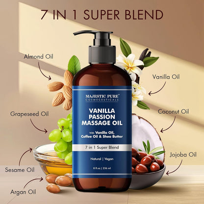 MAJESTIC PURE Vanilla Passion Massage Oil for Massage Therapy - Refreshing, and Relaxing - Natural Oils with Vanilla Oil, Coffee Oil & Shea Butter - for All Skin Types - Men and Women - 8 fl oz
