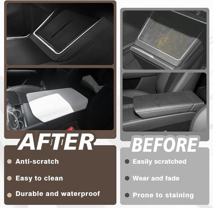 Muslogy Compatible with 2026+ Model Y Juniper Refresh Accessories Armrest Cover Protection TPE (White) & Silicone Mat OEM Style 2PCS Set Non-Slip Waterproof
