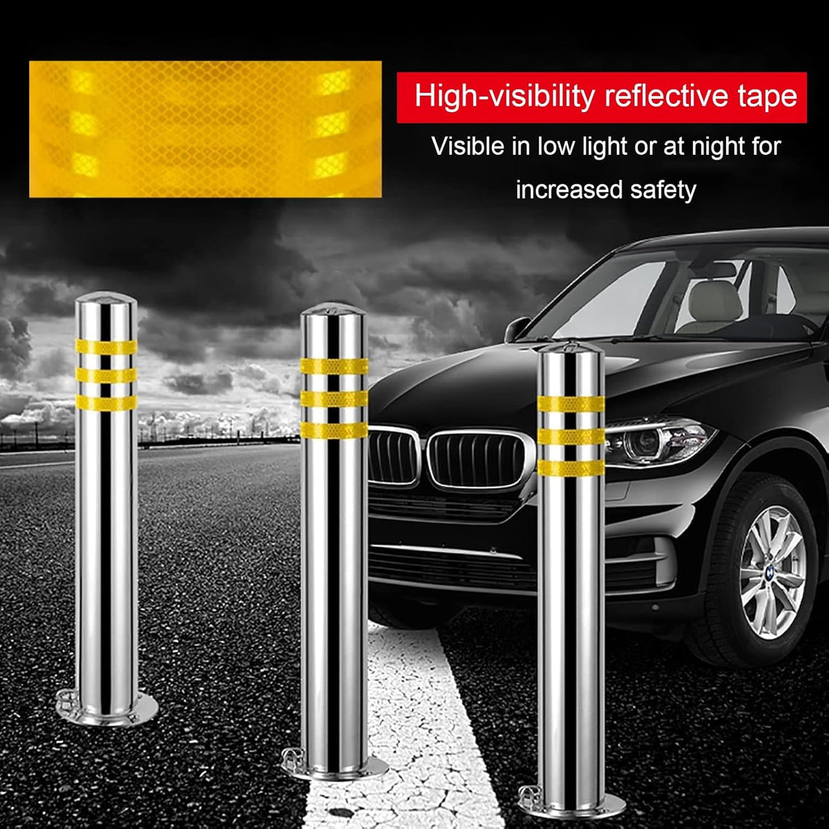 Stainless Steel Parking Bollards for Driveway, Industrial Safety Bollards Reflective Channelizer Post, Parking Barrier, Sturdy and Durable, Easy to Install, for Crowd Control(Silver (1pcs),8.9*100cm/3
