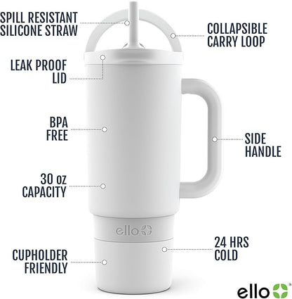 Ello Port 30oz Tumbler with Carry Loop & Integrated Handle | Vacuum Insulated Stainless Steel Reusable Water Bottle Travel Mug | Leak Proof Lid | Flexible Straw | BPA-Free | Dishwasher Safe | White