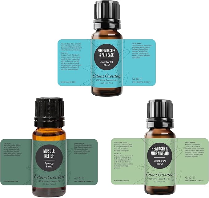Edens Garden Aches & Pains Essential Oils 3 Set – 100% Pure Therapeutic Grade, Undiluted & Natural Aromatherapy Blends - for Headache, Muscle Comfort, Relaxation & Self Care Massage, 10 ml/ 3 Pack