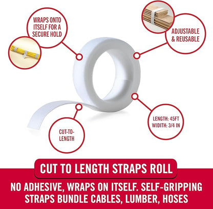 VELCRO Brand Cut to Length Straps Heavy Duty | 45 Ft x 3/4 in | ONE-WRAP Self-Gripping Double Sided Roll | Bundling Ties Fasten to Themselves for Secure Hold, VEL-30835-AMS, White