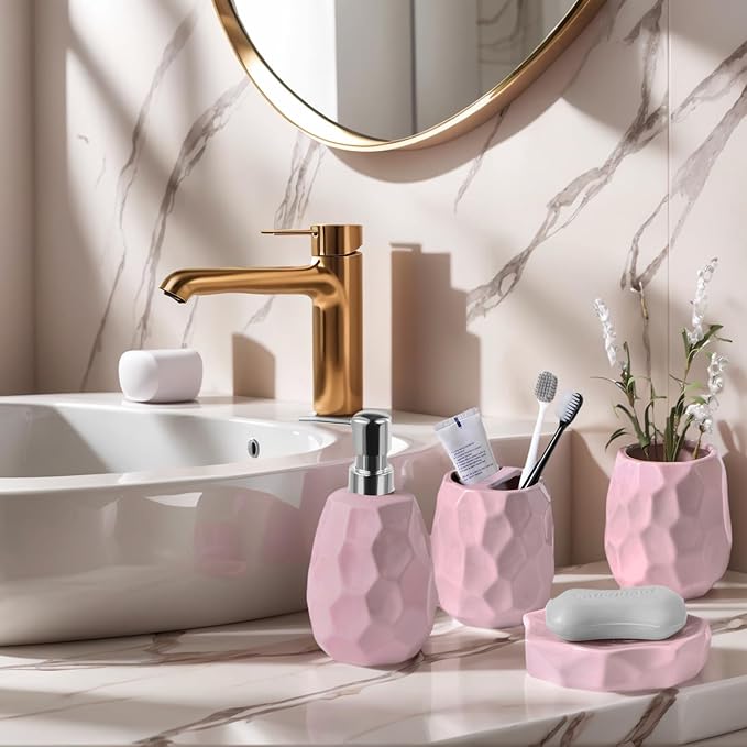 Ceramic Bathroom Accessories Set 4 PCS,Bathroom Toothbrush Holder Set,Soap and Toothbrush Holder Set,Include Toothbrush Holder,Soap Dispenser,Tumbler,Soap Dish,Bathroom Sets Decor Organizer (Pink)