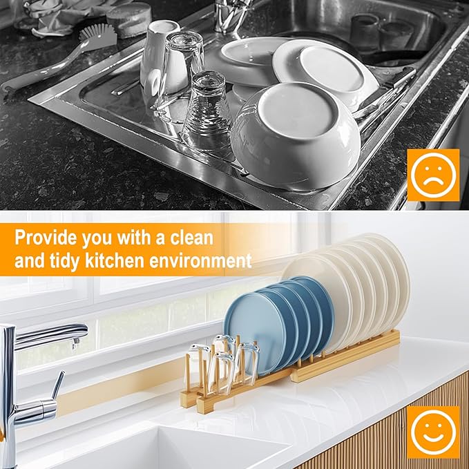 Bamboo Dish Rack - Expandable Plate Rack & Dish Drying Rack for Kitchen Cabinet Storage, Adjustable Multi-Functional Design Organizer for Plates, Bowls, Cups, Pots, Cutting Boards (Natural Bamboo)