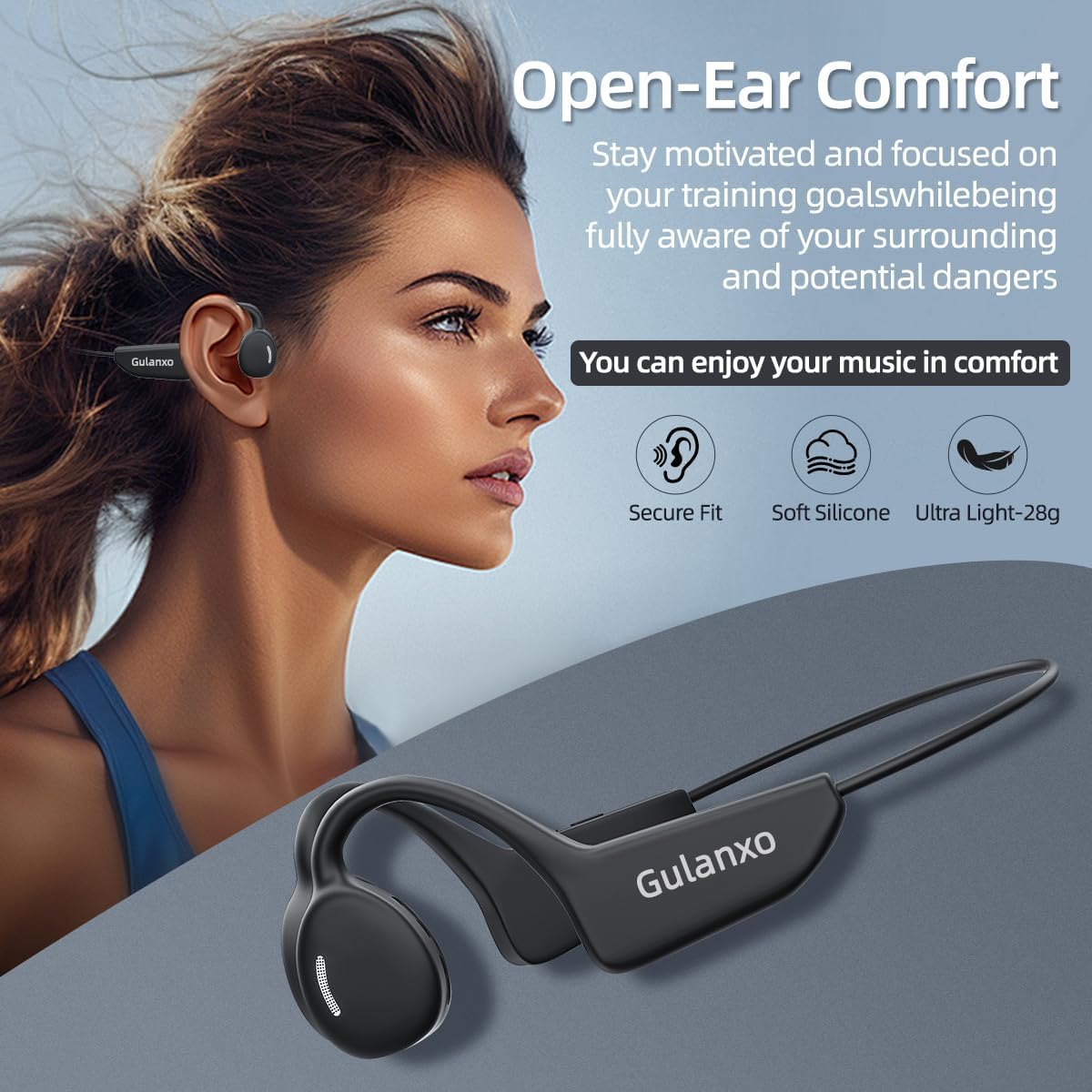 Open Ear Headphones, Open Wireless Earphones, 15HBluetooth Playback 5.3 Sports Earphones, Built-in Microphone, Suitable for Sports Running,Exercise (Deep Black)