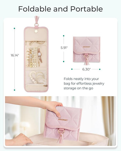 BAGSMART Travel Jewelry Case Organizer, Roll Foldable Jewelry Case for Journey-Rings, Necklaces, Earrings, Bracelets, Brooches, Min, Beige
