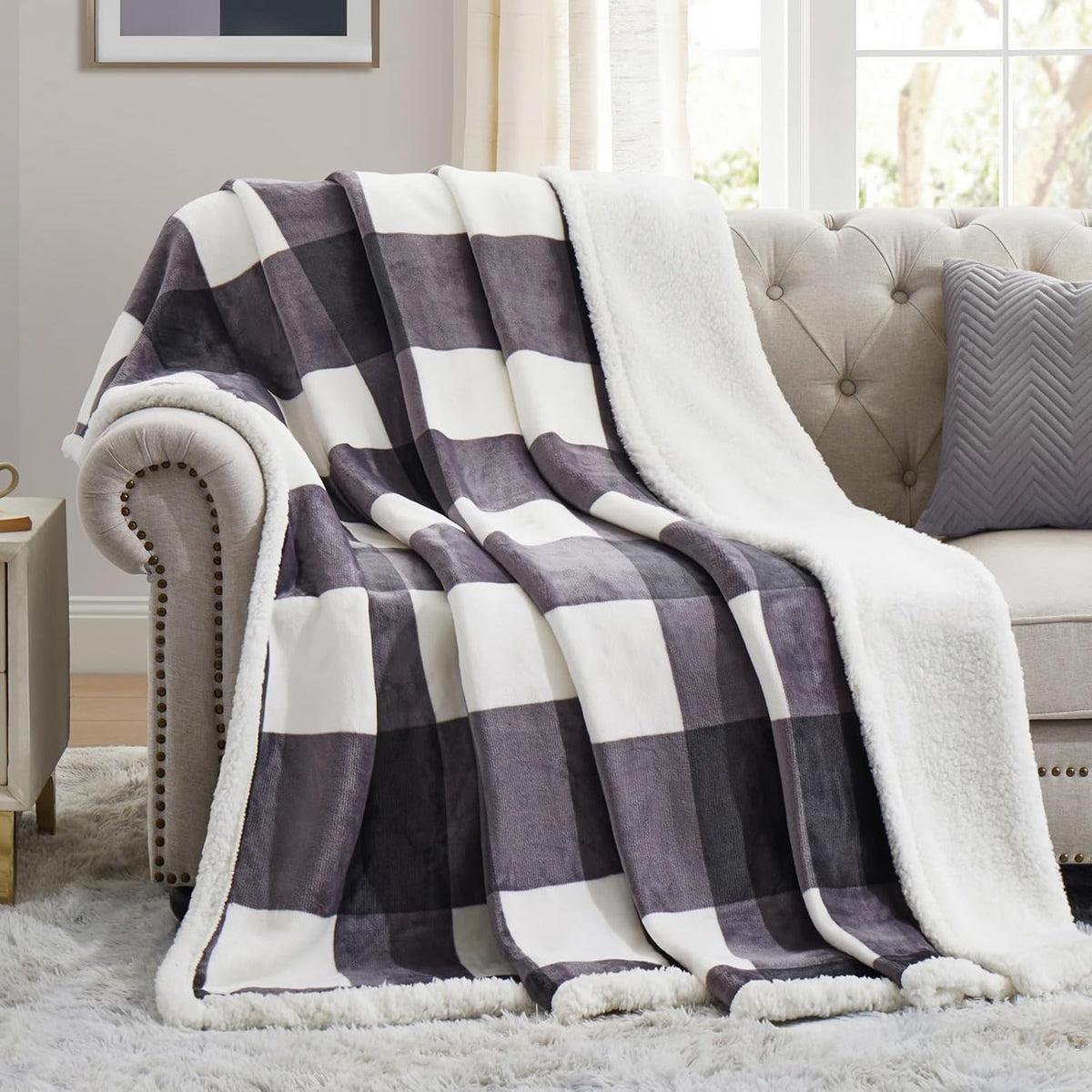 PU MEI Sherpa Blanket Fleece Throw Blanket Full Queen Plaid Thick Bed Blanket, Soft Warm Cozy Dark Grey Checkered Throw Blanket 80"*90"