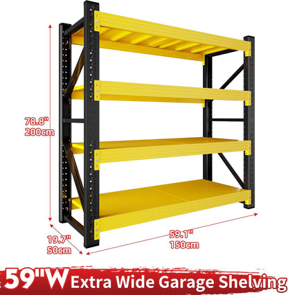 5000LBS Garage Shelving 59" W Garage Shelving Heavy Duty 4-Tier Metal Storage Shelves Adjustable Shelf Unit Storage Rack for Basement Supermarket Warehouse 59" W x 20" D x 78" H Yellow