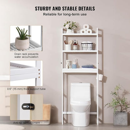 VEVOR Over The Toilet Storage, 3-Tier Adjustable Over Toilet Bathroom Organizer, Bamboo Storage Shelf Rack with 3 Hooks, Freestanding Easy Assembly Laundry Space Saver, Fit Most Toilets, White