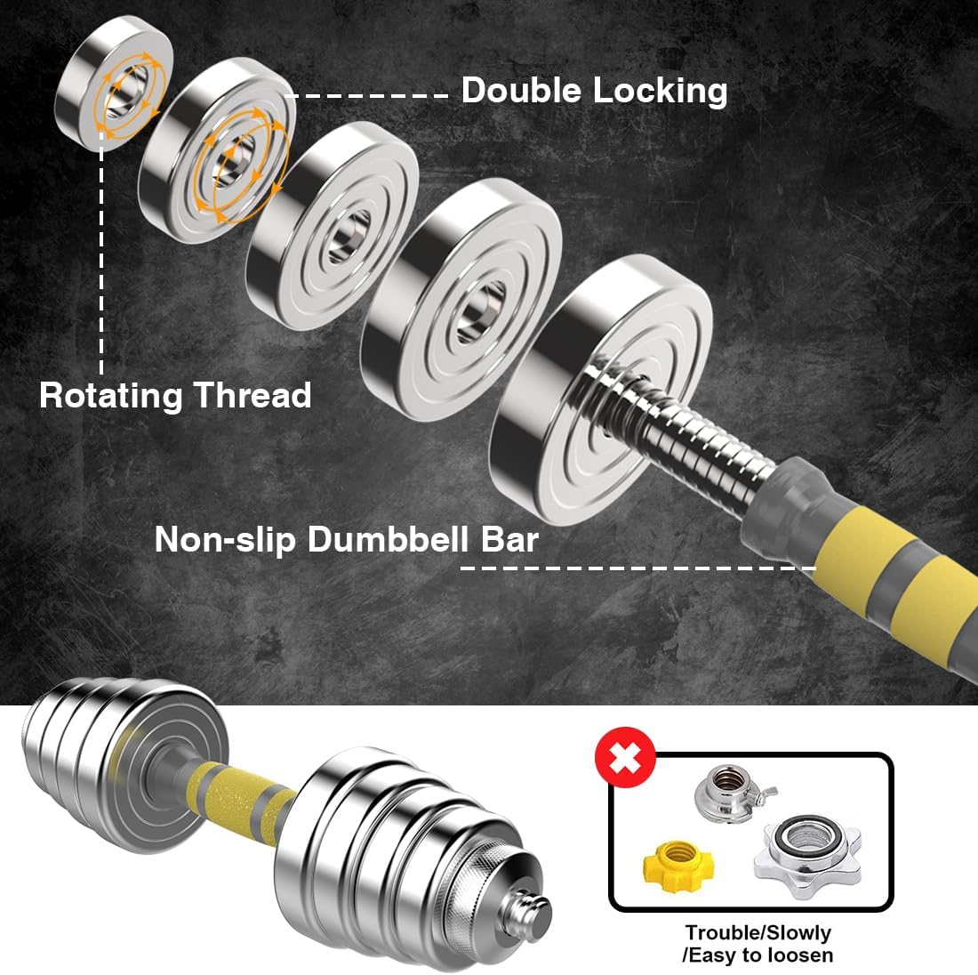 PHOEROS Adjustable Dumbbell Set - 44/66/88 LBS weights set, Dumbbell Barbell 3 in 1, Steel Dumbbells Pair with Connecting Rod for Adults Women Men Fitness Workout, Home Gym Exercise Training Equipment