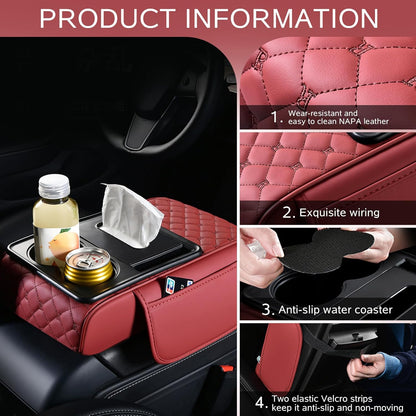 5 in 1 Car Armrest Storage Box for Center Console, Armrest Cushion Cover for Car with 2 Cup Holders Storage Bags, Tissue Box, Phone Slot, Premium Memory Foam with Nappa Leather, 14.2*7.9*2.8in (Gray)