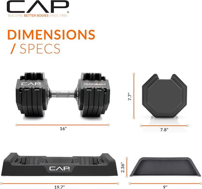 CAP ADJUSTABELL Adjustable Dumbbell Set, Premium Quick Select Adjustable Weights for Strength Training, Singles & Pairs, 12.5 LB, 25 LB & 55 LB, Round & Hex Dumbbells, Multiple Grip Handle Options