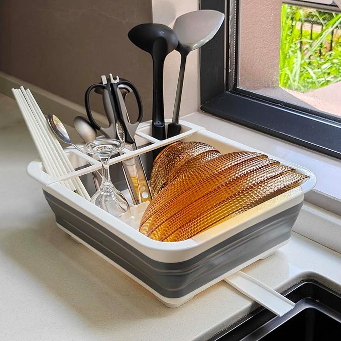 Collapsible Dish Drying Rack, Foldable Dinnerware Drainer Organizer for Storage Kitchen Counter RV Accessories Portable Rack Holders for Dishes Plates and Cups Camping Travelling Space Saver Essential