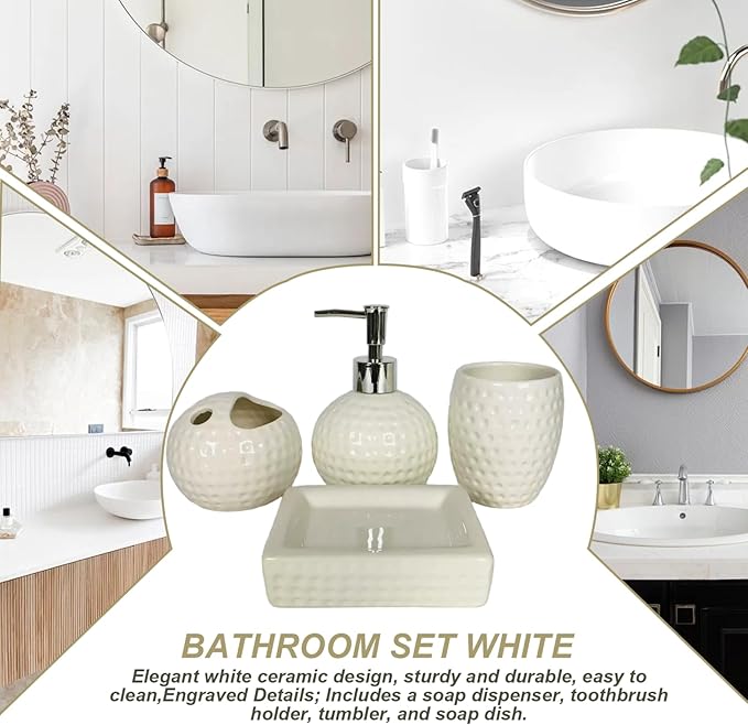 Bathroom Sink Set, 4Pcs White Bathroom Accessories Set Engraved Soap Dispenser with Toothbrush Holder & Tumbler & Soap Dish Ceramic Accessories for Home Hotel