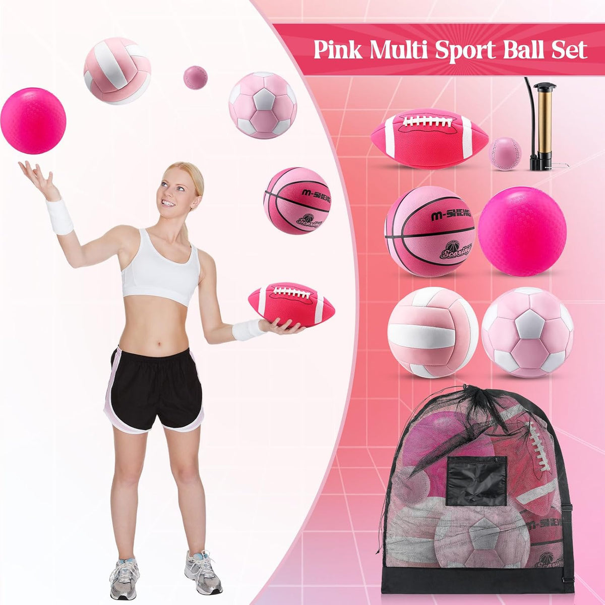 6 Pcs Multi Sport Ball Set Official Size Football, Basketball, Soccer, Volleyball, Playground Ball, Baseball with Equipment Bag Pump for Teen Adult Sport Gift Back to School