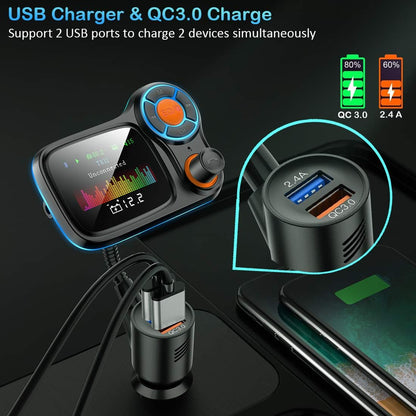 TSNAM Wireless Car Bluetooth Adapter,Radio FM Transmitters HandsFree Call Receiver and MP3 Music/APP Audio Play,QC3.0 and Smart 2.4A Dual USB Charger,1.8" Color Display,Aux Port,TF Card